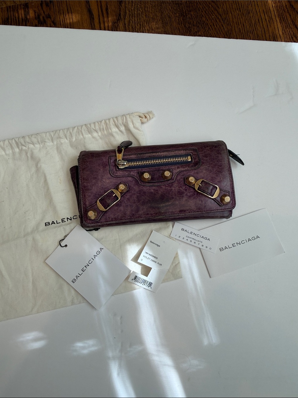 Balenciaga Distressed Plum Leather Continental Wallet with Gold Hardware